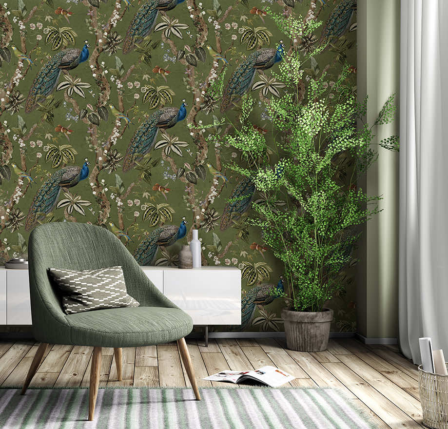 NV9175545H Stunning floral peacock design on a trendy and stylish green background. Easy to hang paste the wall high quality wallpaper.