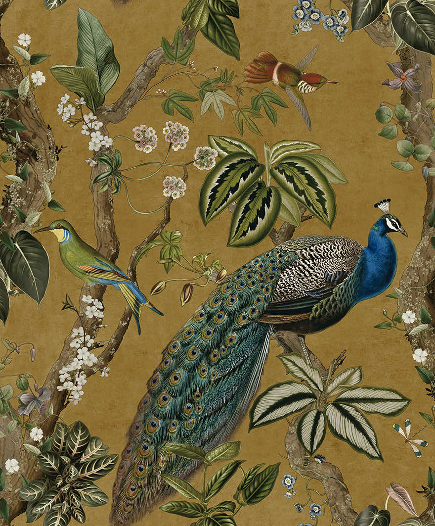 NV9176643H Stunning floral peacock design on a trendy and stylish ochre background. Easy to hang paste the wall high quality wallpaper.