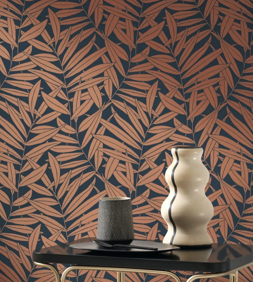 ND89318860cd This fabulous flowing leaf motif creates a subtle herringbone effect set against a deep background. Designer paste the wall wallpaper. ***PLEASE NOTE: This wallpaper is a special order product and therefore delivery will take approx. 10 working days.