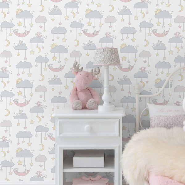 NLL307704g Beautiful and delicate kids design with beautiful clouds, teddy bears, moons and stars. Paste the wall vinyl.