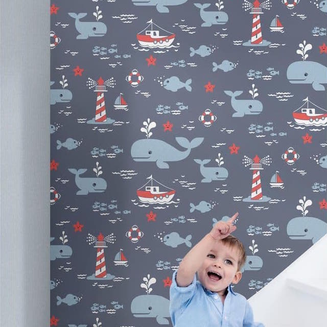 NLL327707g Fun kids sea life design in lue, white and red tones with gorgeous sea life animals, boats and light houses. Paste the wall vinyl.