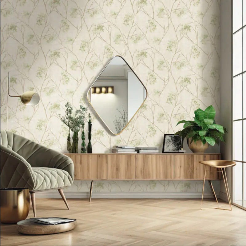 VHM9555671FD Beautiful trailing floral sprig in in gold with fabulous metallic detail on heavyweight Italian vinyl.