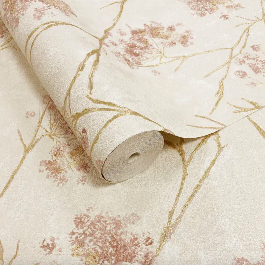 VHM9588670vy Beautiful trailig floral sprig in blush pink and metallic gold on heavyweight Italian vinyl.
