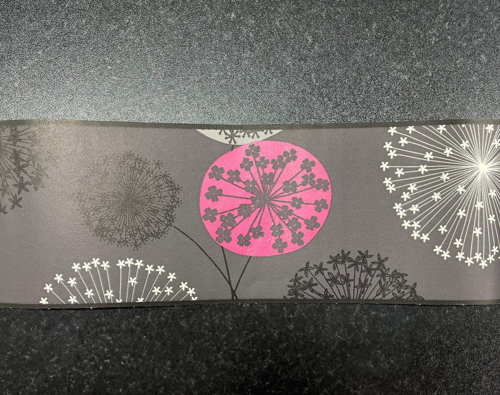 Border 22085 Gorgeous charcoal and pink border with floral spray. 13.3cm x 5m long.
