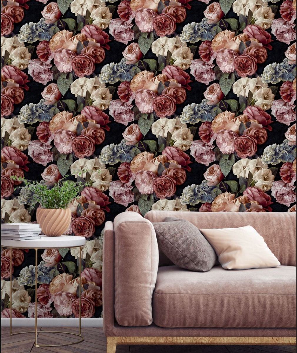 n15466708r Fabulous statement feature floral in beautiful red, pink and peach tones on a gorgeous matt background. Paste the wall vinyl.
