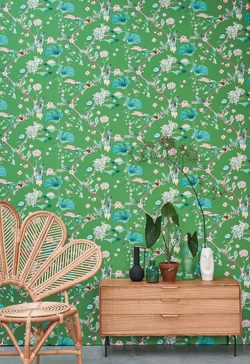n53955455r Gorgeous birds on a flowing branch trail with beautiful florals on a vibrant green background. Paste the wall vinyl.