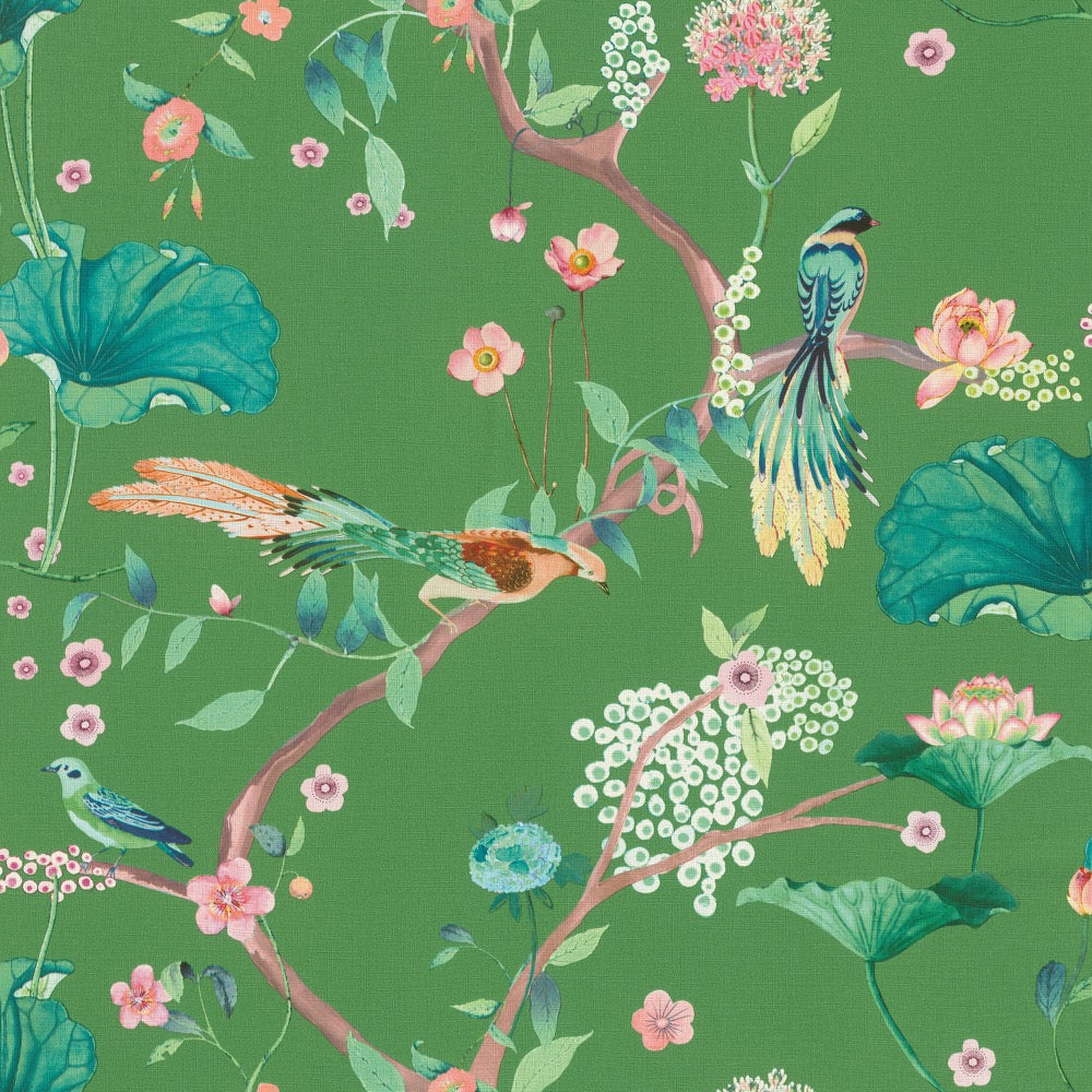 n53955455r Gorgeous birds on a flowing branch trail with beautiful florals on a vibrant green background. Paste the wall vinyl.