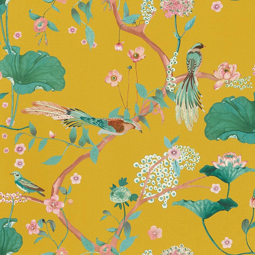 n53966448r Gorgeous birds on a flowing branch trail with beautiful florals on a a fabulous navy background. Paste the wall vinyl.