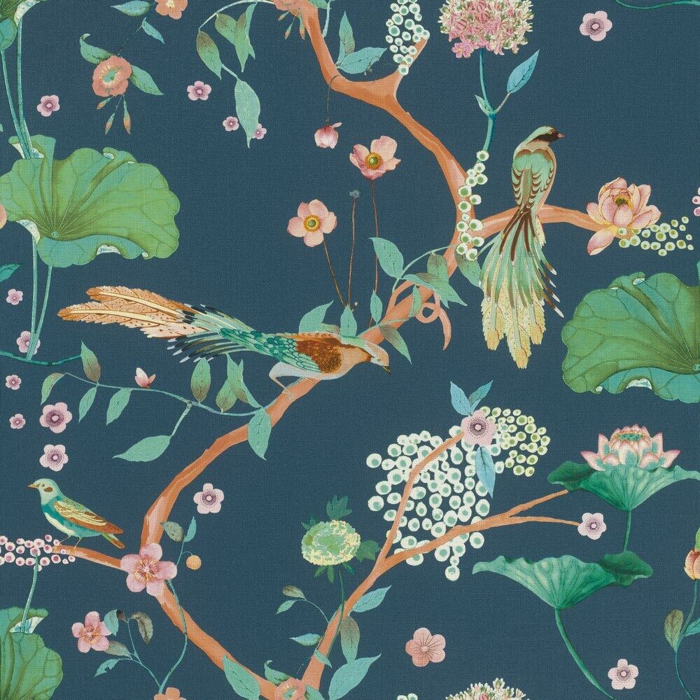 n53977462r Gorgeous birds on a flowing branch trail with beautiful florals on a vibrant green background. Paste the wall vinyl.