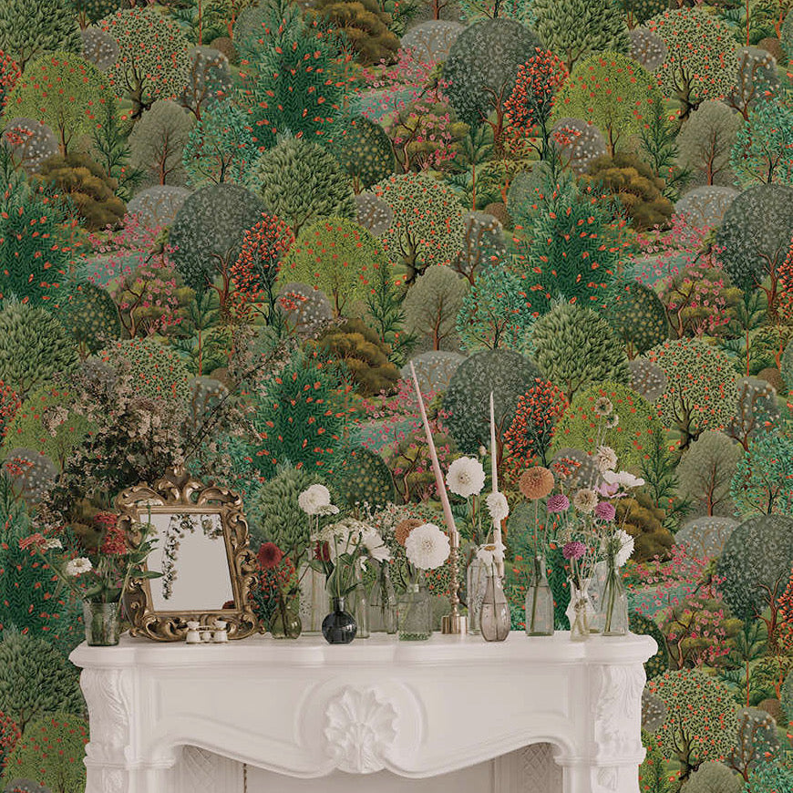 n9176652h Beautiful enchanting forest design featuring a lush landscape of intertwining trees in gorgeous navy and berry tones. High quality paste the wall wallpaper.