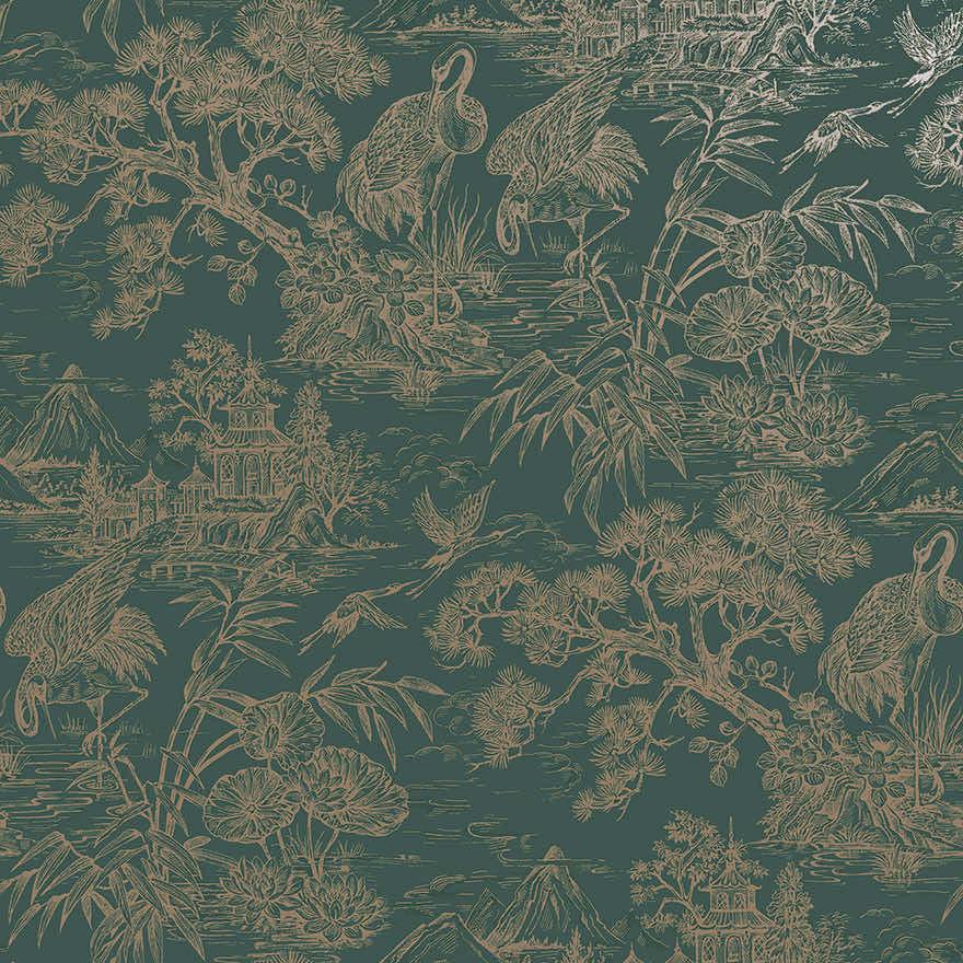 n9177702h Beautiful and delicate toile design in gold on a aqua background. High quality paste the wall wallpaper.