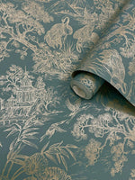 n9177702h Beautiful and delicate toile design in gold on a aqua background. High quality paste the wall wallpaper.