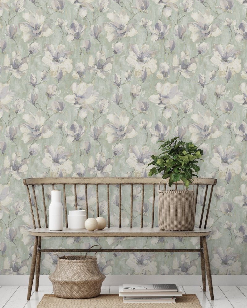 na7245504g Fabulous 'painted effect' floral in ivory and purple on a gorgeous sage green background. Textured paste the wall vinyl.