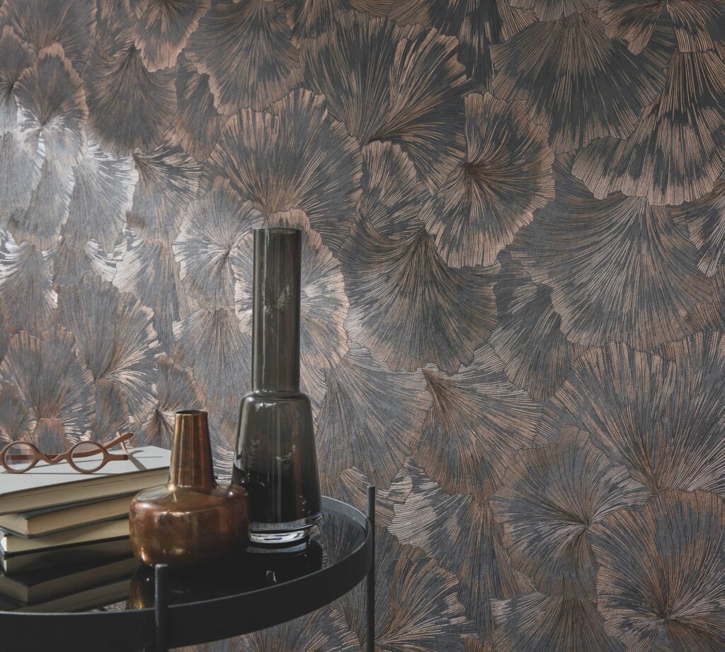 nv103733347e Striking flowing leaf motif in green, teal and bronze tones with fabulous metallic detail. Paste the wall vinyl.