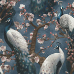 nv104177408e Beautiful and rich peacock design in navy blue with gorgeous pink flowing blossom flowers. Paste the wall vinyl. Easy to hang.