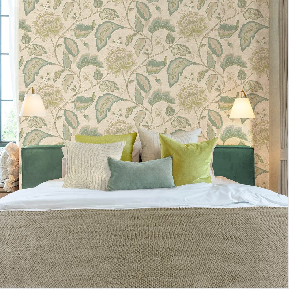 v175522b Gorgeous textured vinyl with a beautiful floral trail in sage and cream tones on a soft cream hessian background.