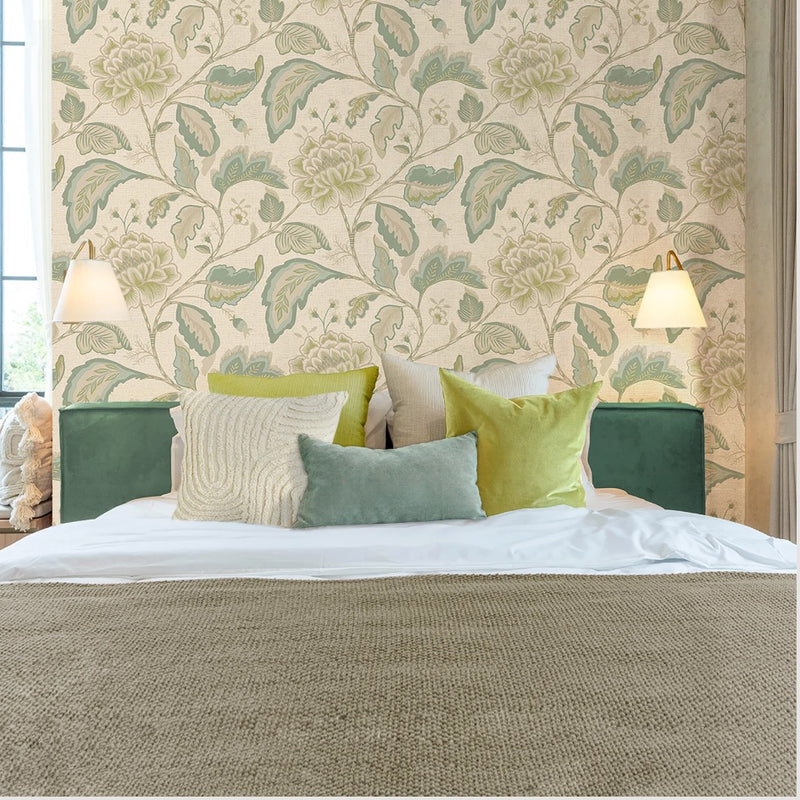 v175522b Gorgeous textured vinyl with a beautiful floral trail in sage and cream tones on a soft cream hessian background.