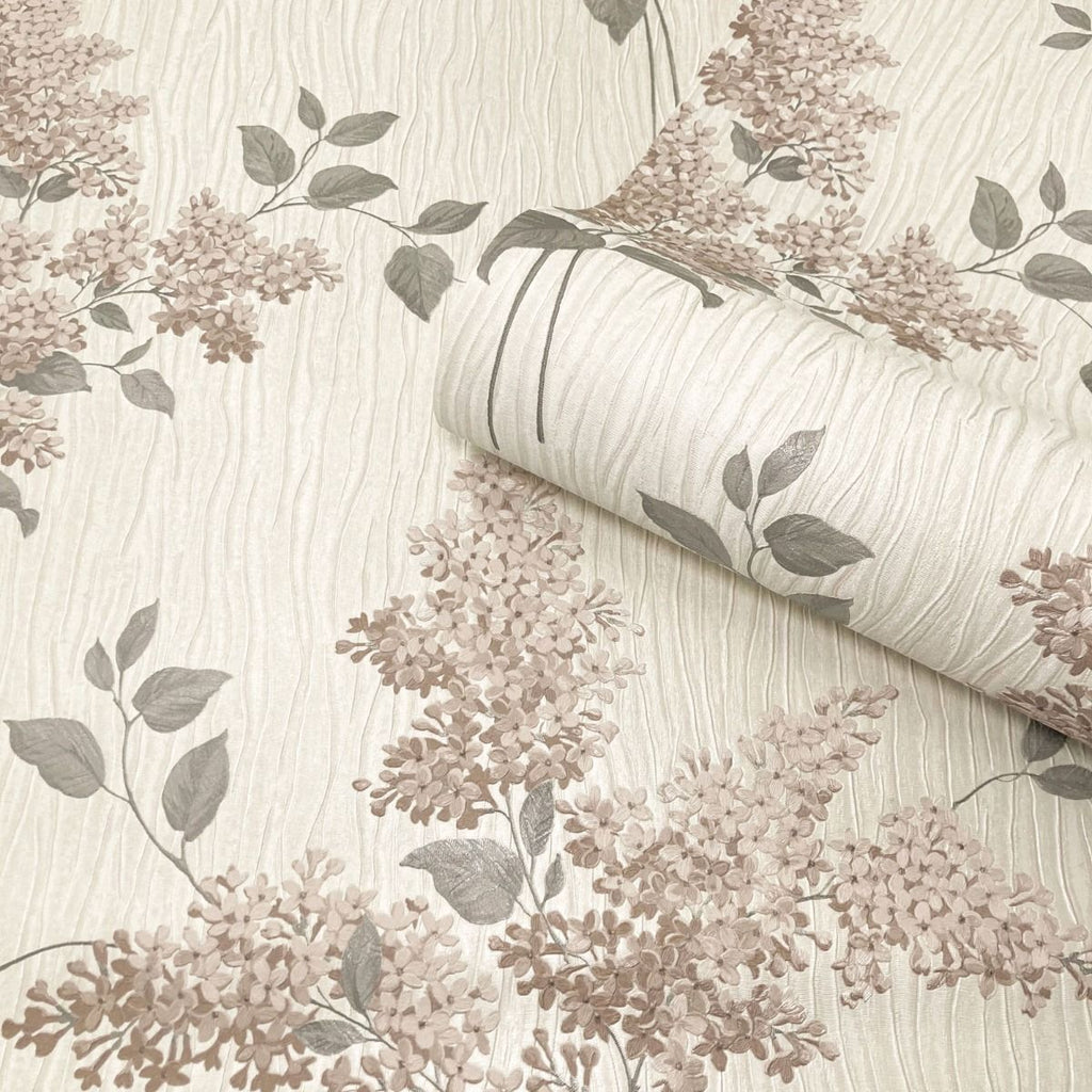 vh4134441b Delicate vintage floral motif on silk effect textured background in soft mocha with sage green leaves. Deep engraved heavy weight Italian vinyl.