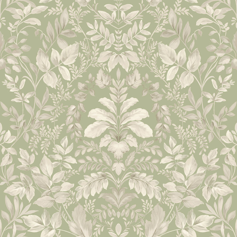 w1365571H Elegant classic trailing leaf damask in sage green on heavyweight wallpaper.