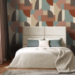 w141120b Trendy retro geometric wallpaper in gorgeous orange, green, beige and brown tones.