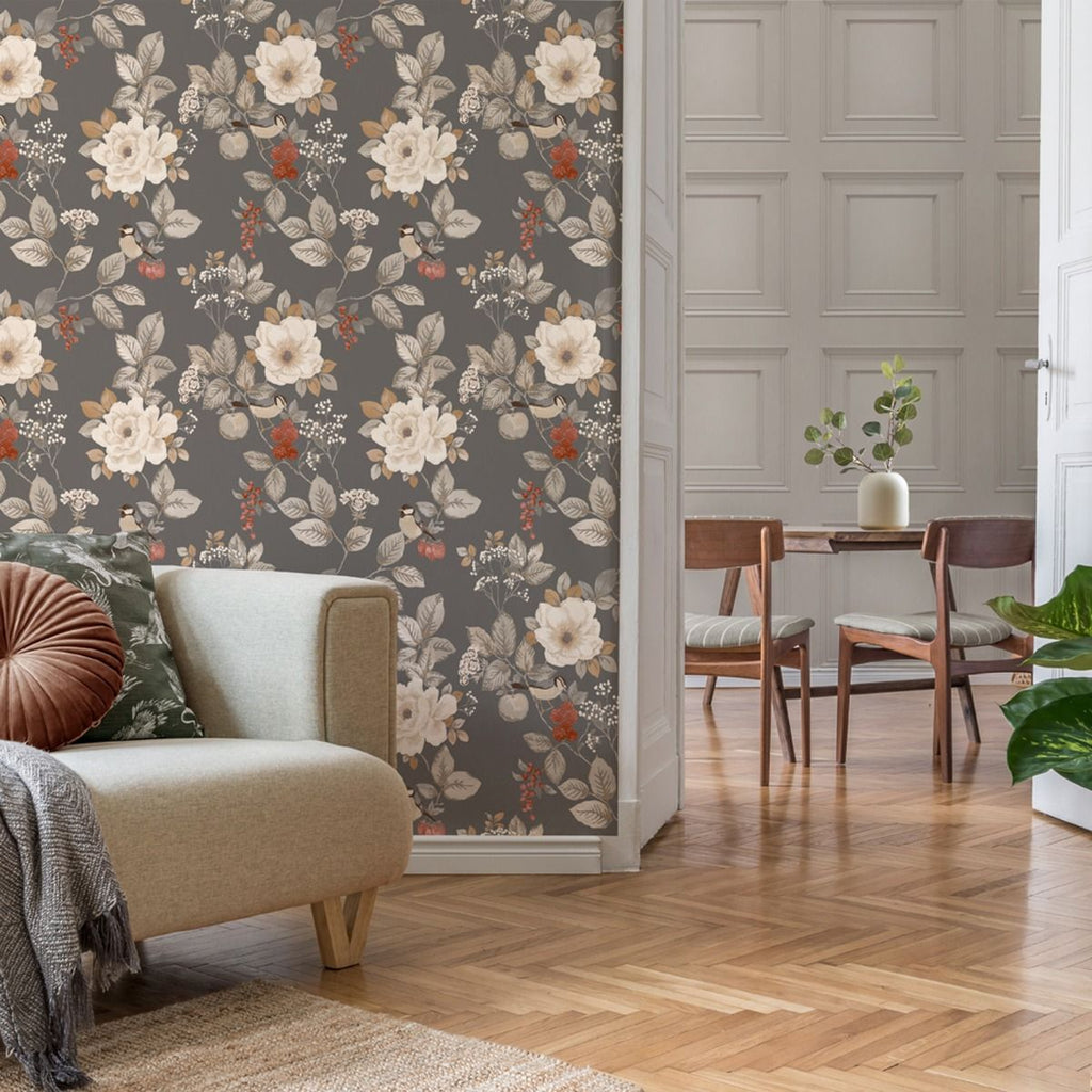 w230003b Beautiful floral and bird motif in tones of cream and brown on a flat beige background.