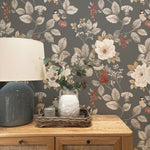 w230003b Beautiful floral and bird motif in tones of cream and brown on a flat beige background.