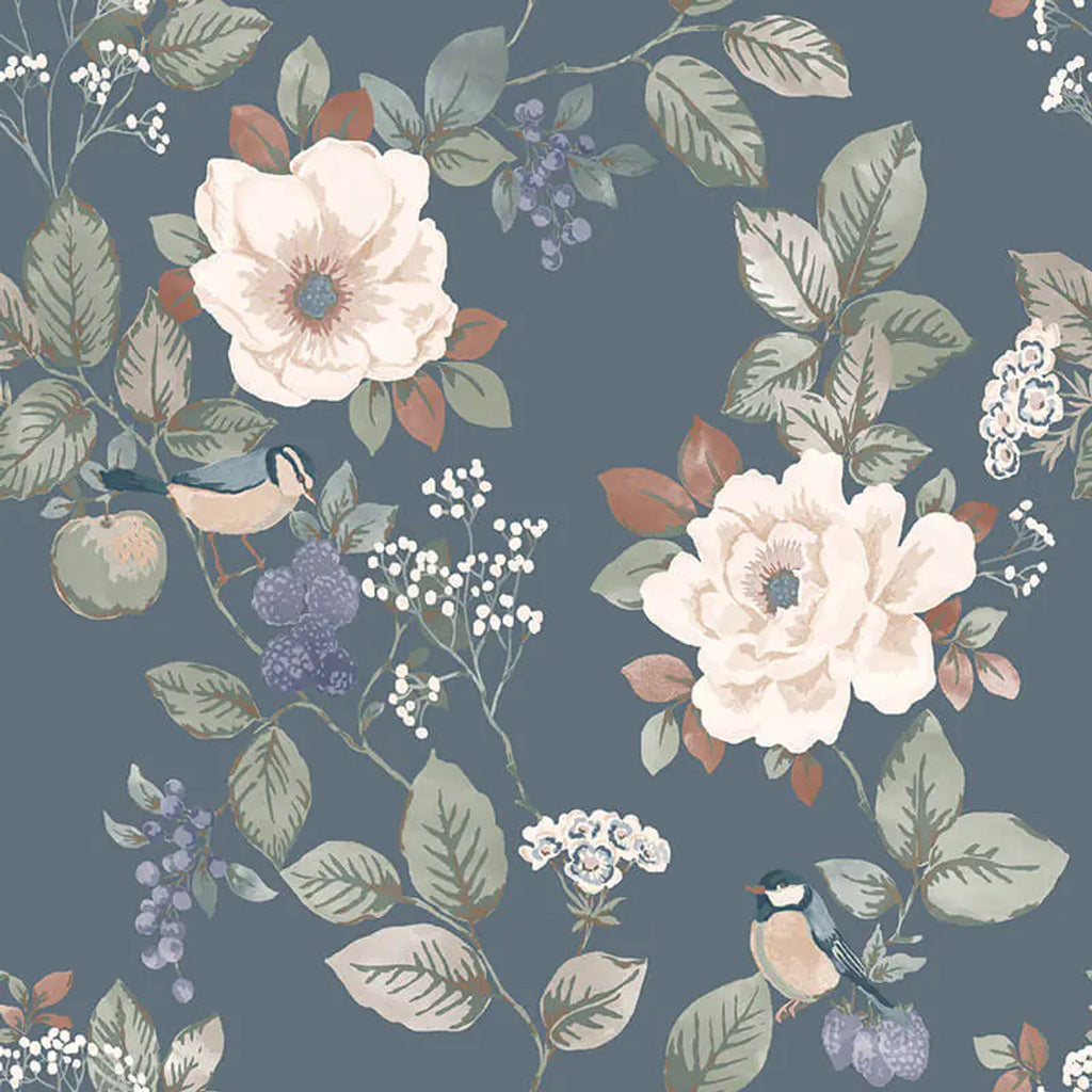 w237700b Beautiful floral and bird motif in tones of cream, green, purple and red on a flat navy blue background.