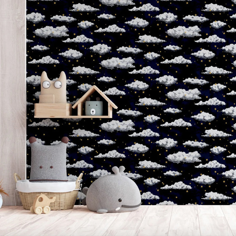 w92377907a Gorgeous white clouds and metallic gold stars design on a beautiful deep navy background.