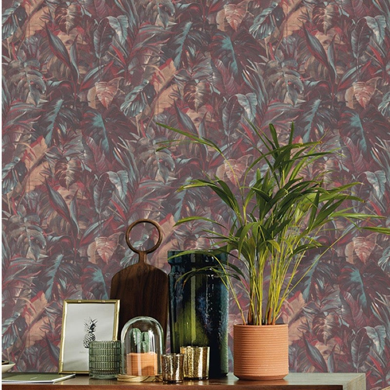 n100811104e Captivating jungle inspired leaf design in gorgeous blues, reds and oranges. Easy-hang paste the wall vinyl.