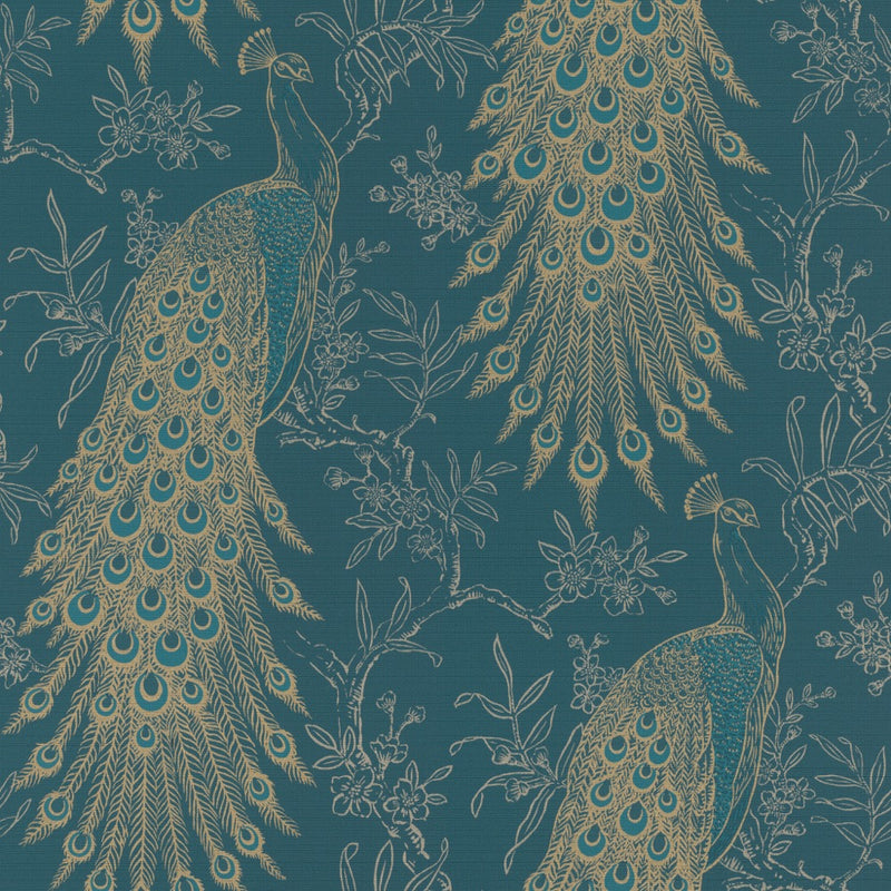 n40577804r Fabulous dramatic peacock design in blue and gold. Paste the wall vinyl.