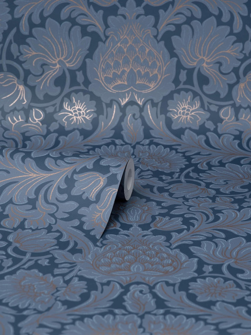 nm167781c Fabulous feature floral motif in navy blue with rose gold. This fabulous design is taken from the archive collection, with designs dating from the past 100 years, reinvented to reflect contemporary tastes. Stunning paste the wall designer wallpaper.