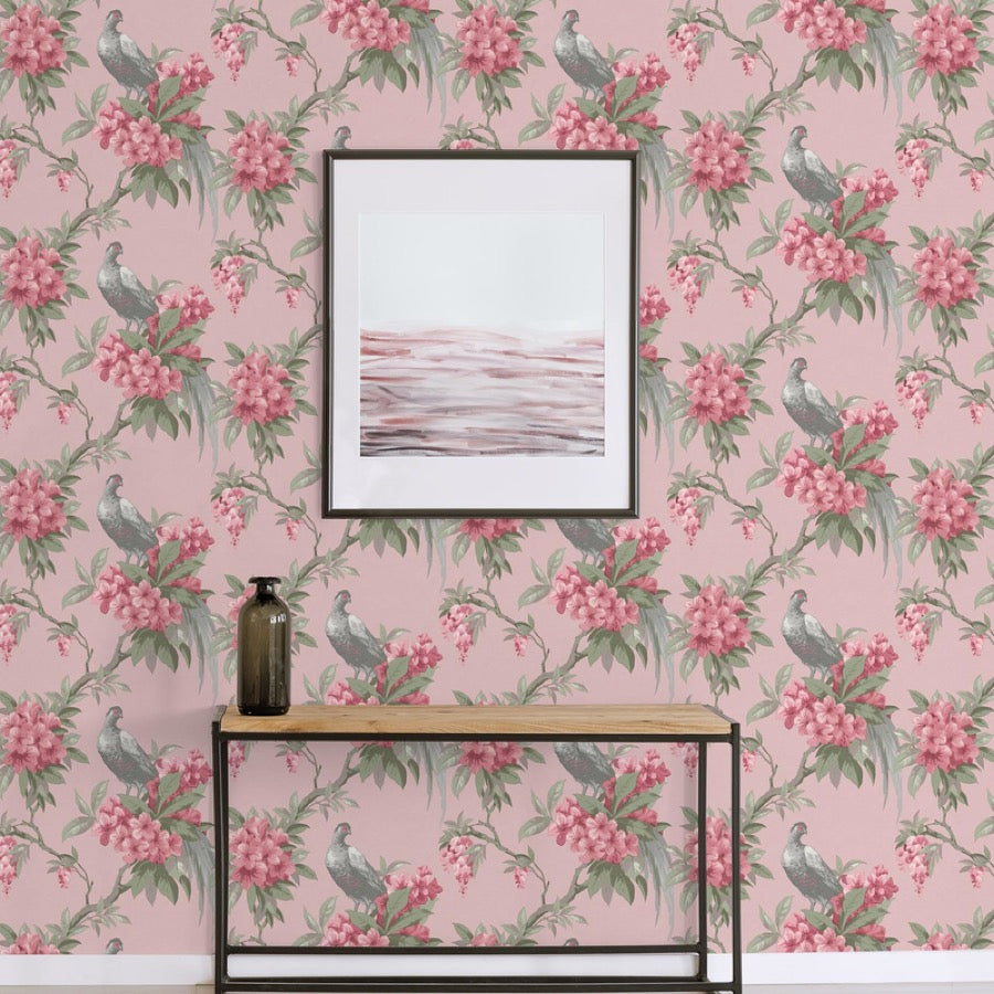 nm168865c Beautifully elegant large scale pink floral bird design. This fabulous design is taken from the archive collection, with designs dating from the past 100 years, reinvented to reflect contemporary tastes. Stunning paste the wall designer wallpaper.