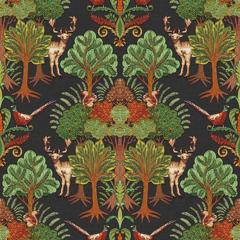 ntp42200306d Gorgeous and elegant nordic inspired forest scene in beautiful green and red tones on a black background. Beautiful embroidered effect vinyl. Easy to hang and paste the wall.