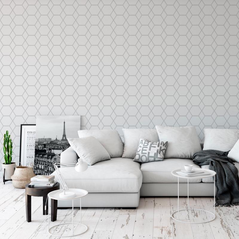 w14700501m Fabulous geometric feature wallpaper in white and silver