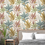 w28211879r Beautiful hand-painted effect leaf design in gorgeous shades of teal, mustard, green, pink and soft grey.