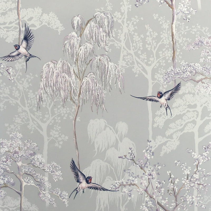 w90800105a Stylish hand drawn oriental trees and birds on a soft grey background.