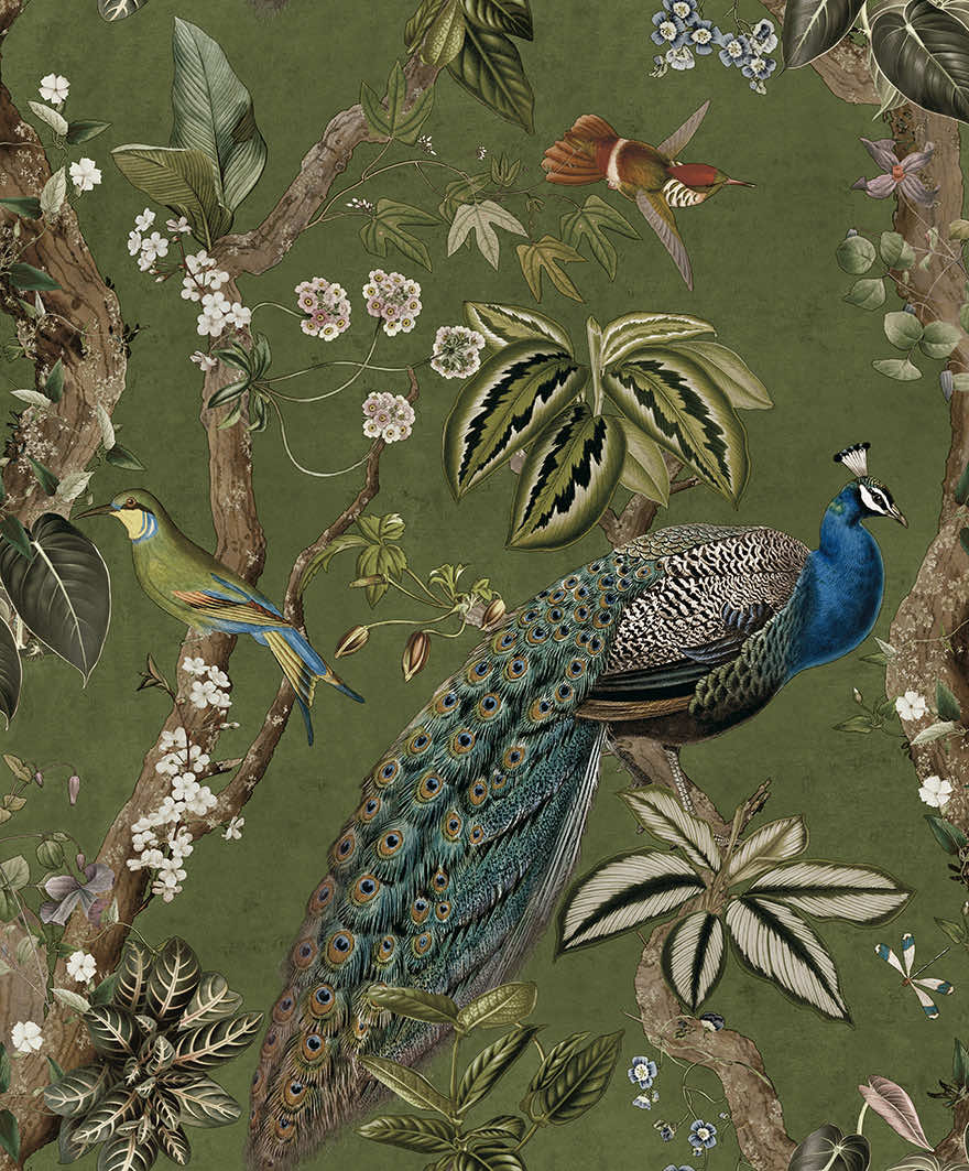 NV9175545H Stunning floral peacock design on a trendy and stylish green background. Easy to hang paste the wall high quality wallpaper.