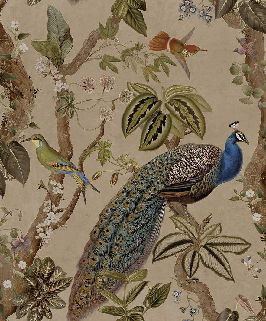 NV9172240H Stunning floral peacock design on a trendy and stylish taupe background. Easy to hang paste the wall high quality wallpaper.