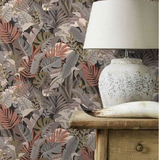 nv68700842r Beautiful large exotic leaf motif in gorgeous tones of grey, green and brown on a deep anthracite background.