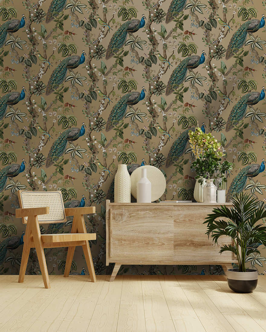 NV9176644H Stunning floral peacock design on a trendy and stylish gold metallic background. Easy to hang paste the wall high quality wallpaper.