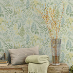 W1377662H Beautiful botanical floral motif in soft blue. Heavyweight wallpaper.