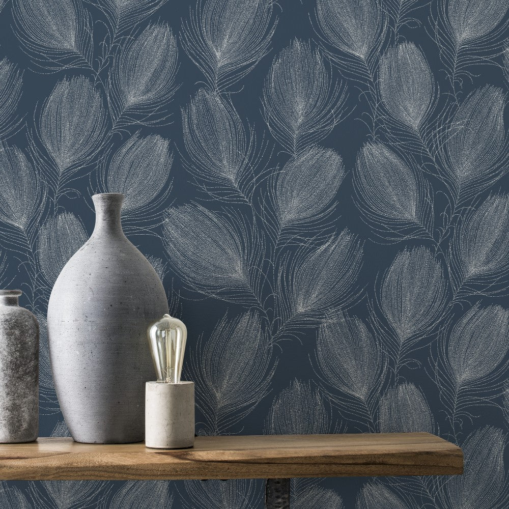 nv69977203r Fabulous silver flowing feather on a beautiful navy background. Paste the wall vinyl.