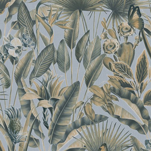 vh40077013r Striking chalky blue background with stunning vibrant green tropical leaves, beautiful butterflies and jungle foliage. Heavy weight vinyl. Supreme quality.