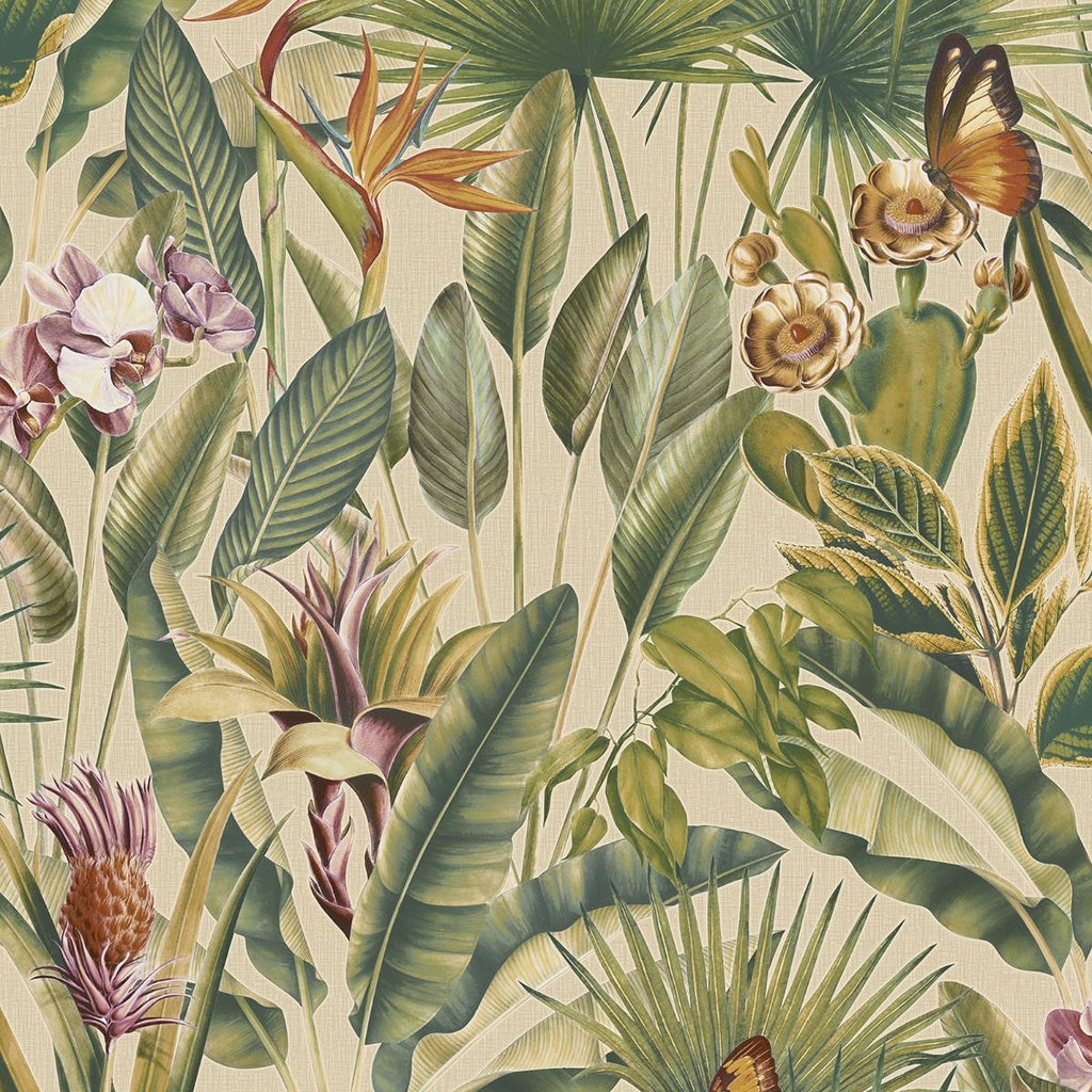 vh40022020r A gorgeous cream textured background with stunning vibrant green tropical leaves, beautiful butterflies and jungle foliage. Heavy weight vinyl. Supreme quality.