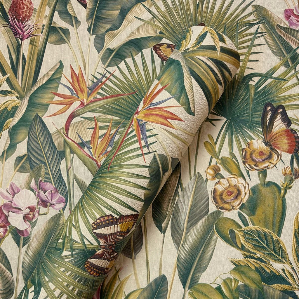 vh40022020r A gorgeous cream textured background with stunning vibrant green tropical leaves, beautiful butterflies and jungle foliage. Heavy weight vinyl. Supreme quality.
