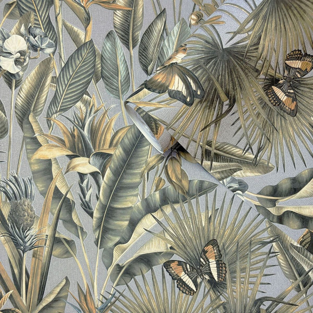 vh40077013r Striking chalky blue background with stunning vibrant green tropical leaves, beautiful butterflies and jungle foliage. Heavy weight vinyl. Supreme quality.