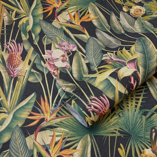 vh40011006R Striking black background with stunning vibrant green tropical leaves, beautiful butterflies and jungle foliage. Heavy weight vinyl. Supreme quality.