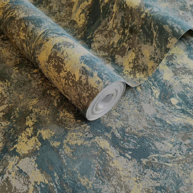 N3677293H Luxurious textured marble effect in beautiful teal tones with gorgeous gold metallic detail. Paste the wall vinyl. Easy to hang and washable.