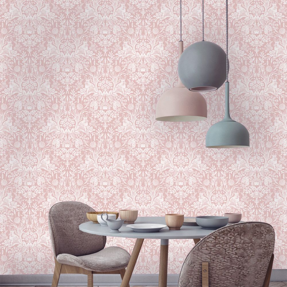 W9088161H Stylish and timeless woodland damask featuring beautiful animals and foliage in soft dusky pink. Heavyweight wallpaper.