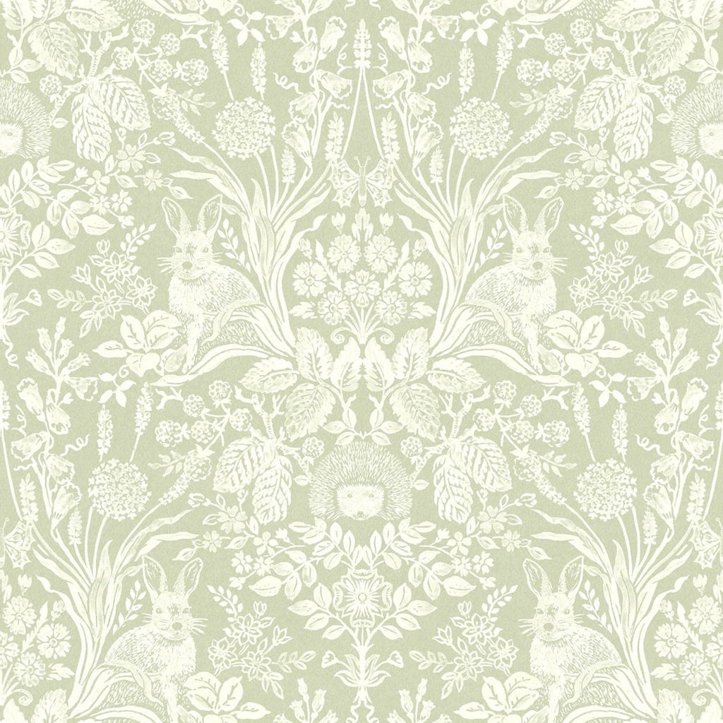 W9015562H Stylish and timeless woodland damask featuring beautiful animals and foliage in sage green . Heavyweight wallpaper.
